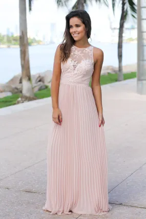 Blush Pleated Maxi Dress with Embroidered Top