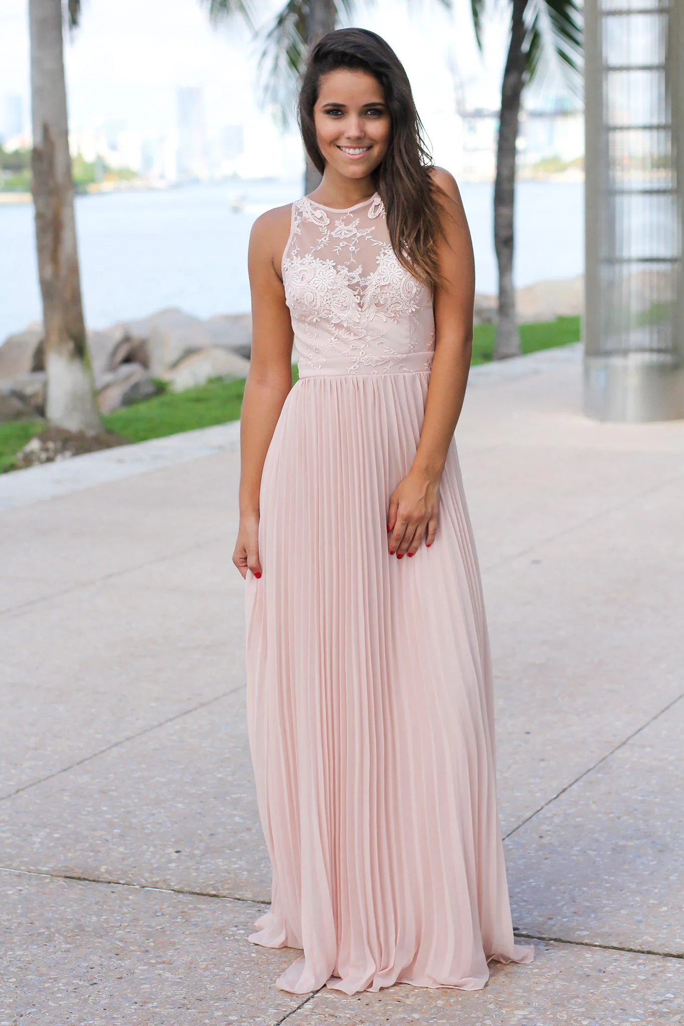 Blush Pleated Maxi Dress with Embroidered Top