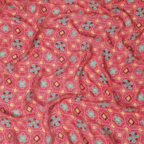 Brick pink Premium pure silk chiffon fabric with multicolor print in floral design-D16993