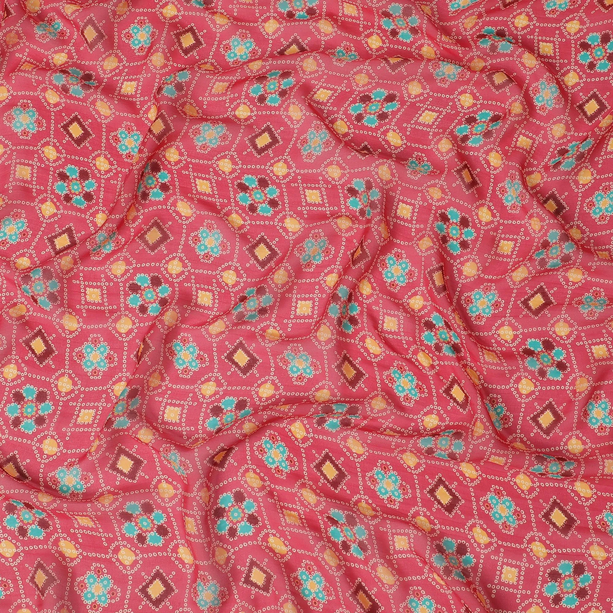 Brick pink Premium pure silk chiffon fabric with multicolor print in floral design-D16993