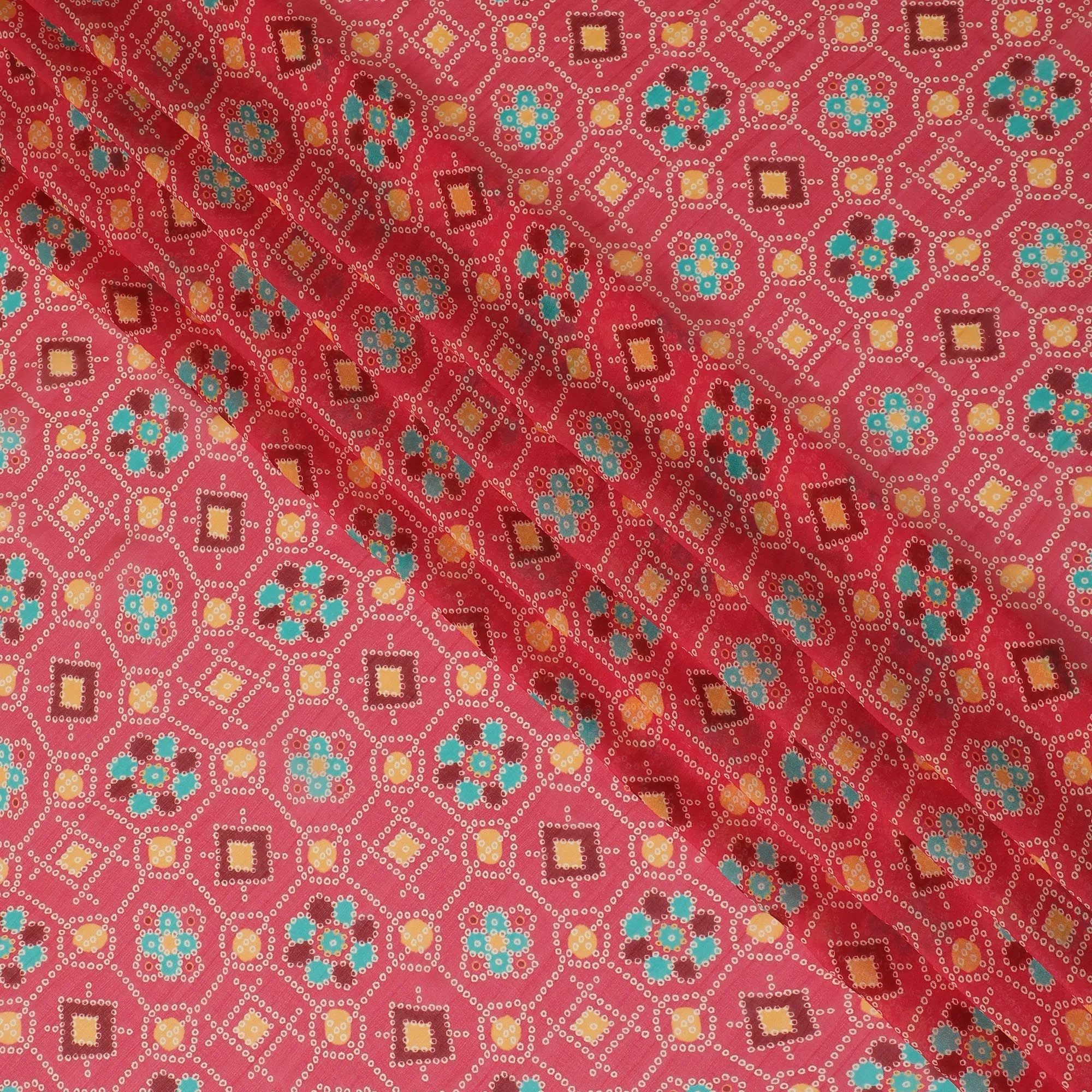 Brick pink Premium pure silk chiffon fabric with multicolor print in floral design-D16993