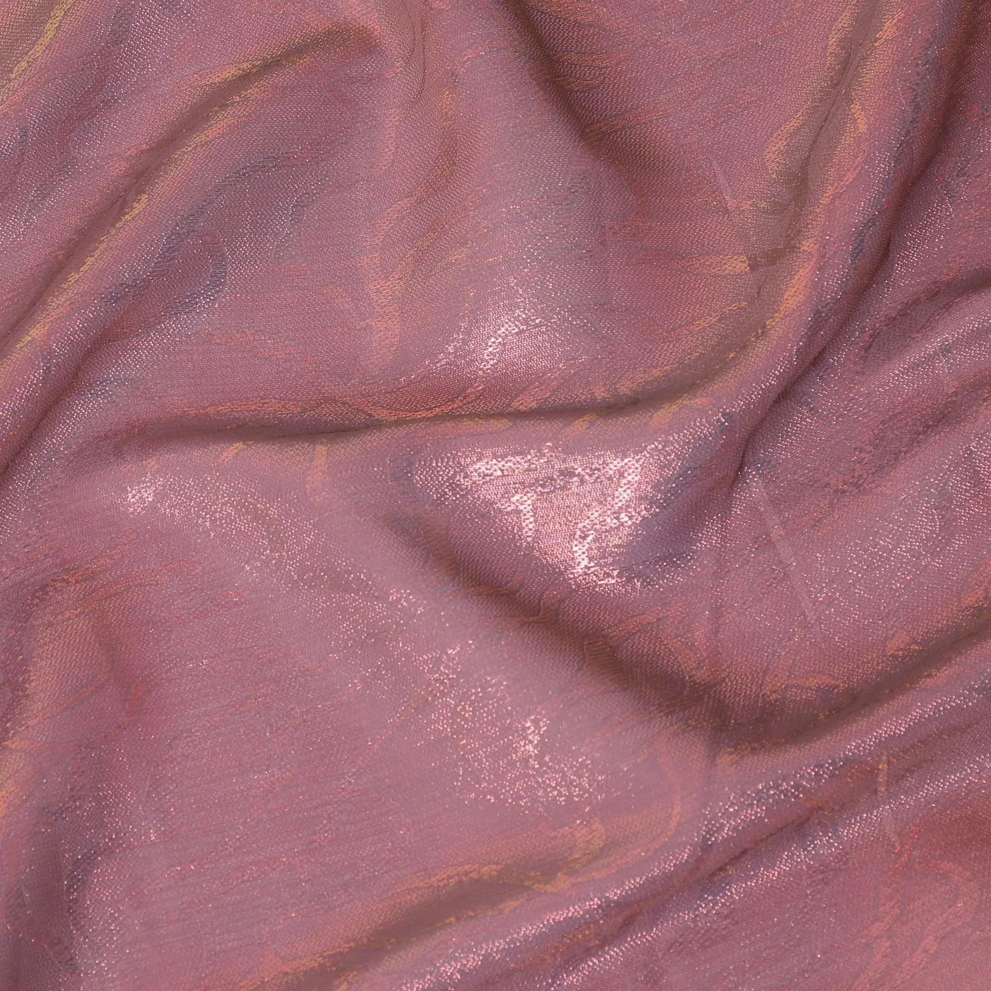 Brick pink synthetic chiffon fabric with same tone metallic lurex in Abstract design-D10125