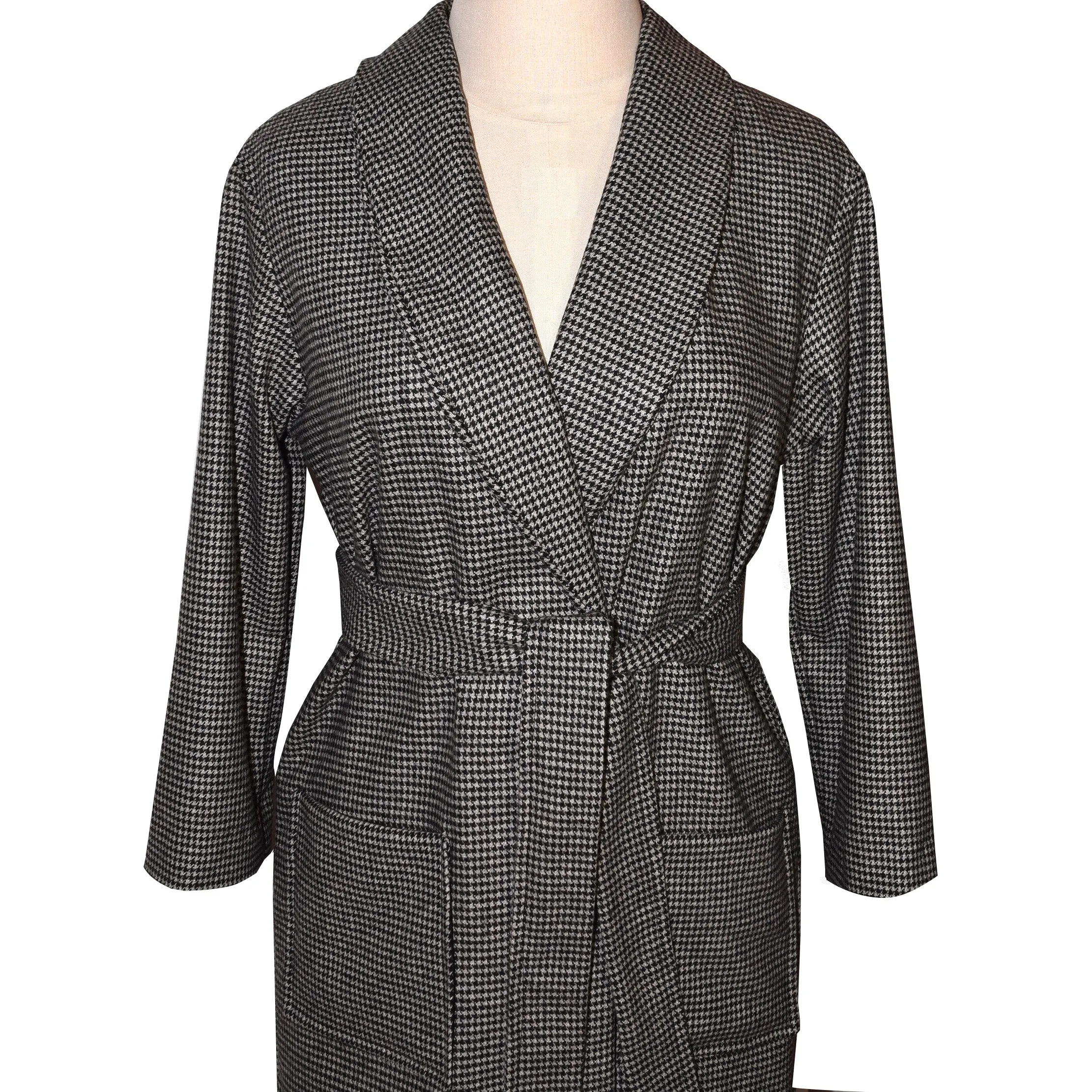 Brown and Creme Houndstooth Wool Roll Collar Jacket