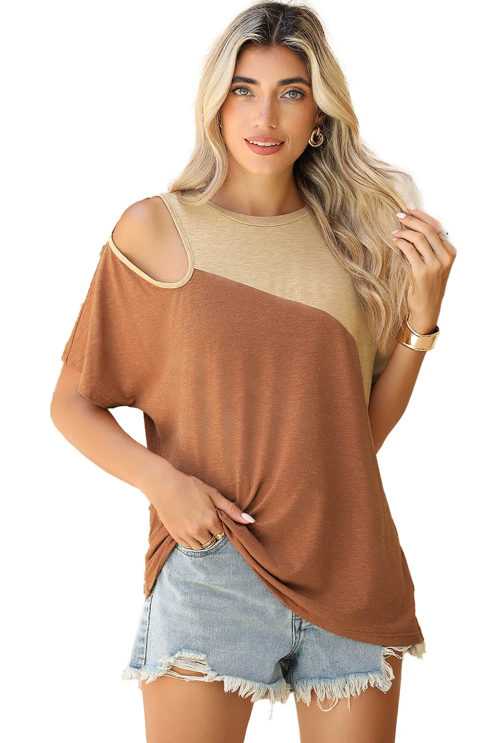 Brown Cold Shoulder Colorblock Splicing T-Shirt – Effortlessly Cool with a Bold Twist