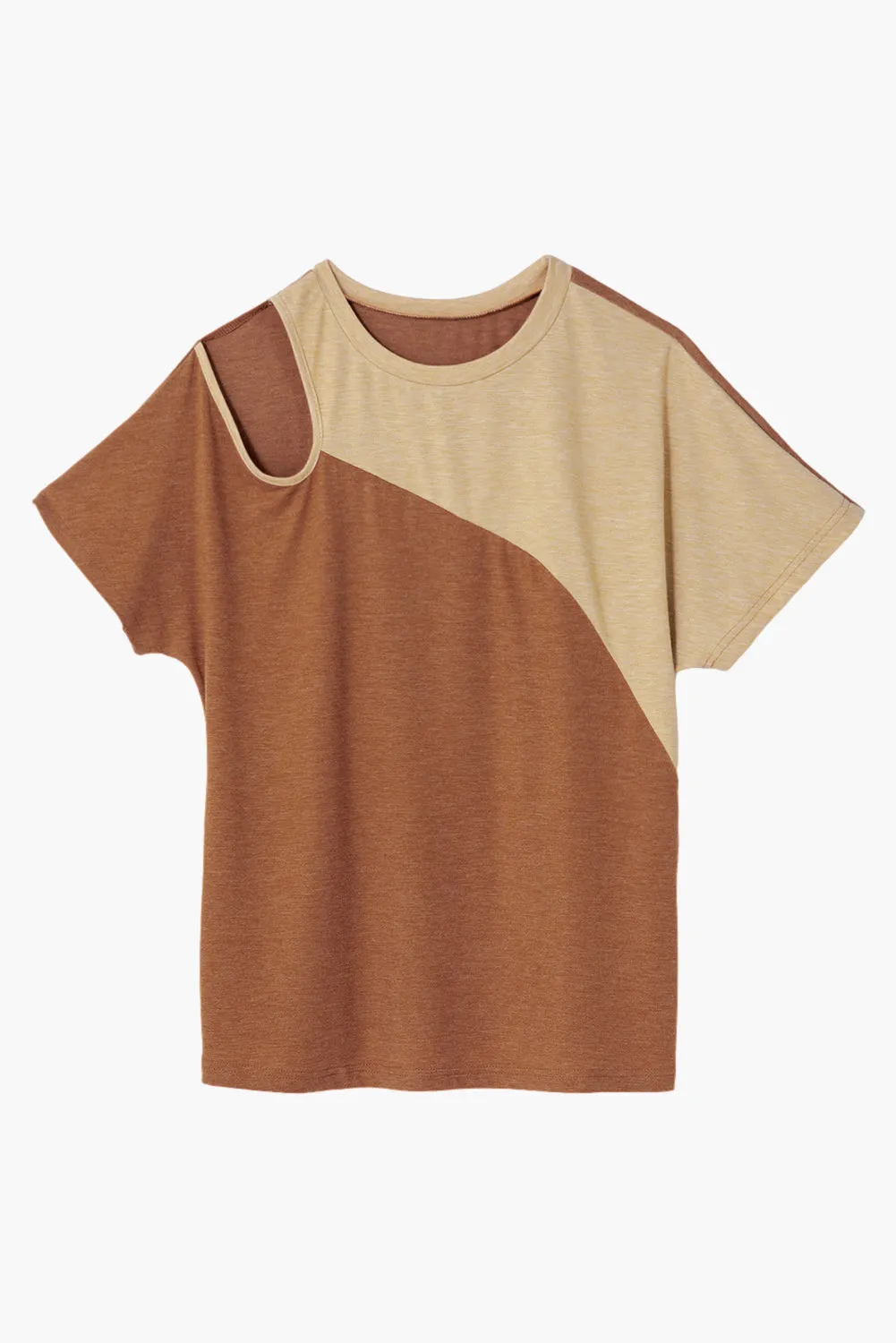 Brown Cold Shoulder Colorblock Splicing T-Shirt – Effortlessly Cool with a Bold Twist