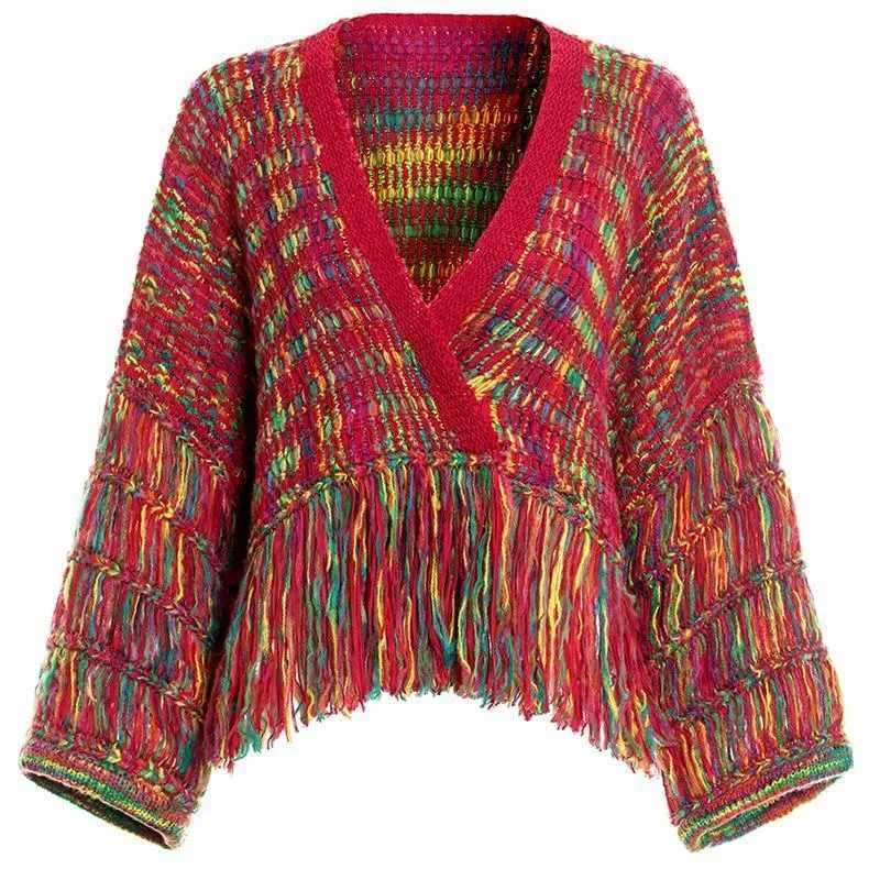 Cardigan Feminino Real Wool Women Sweaters And Poncho  New Women's Loose Cardigan Knit Hand-knitted Rainbow Tassels Woman