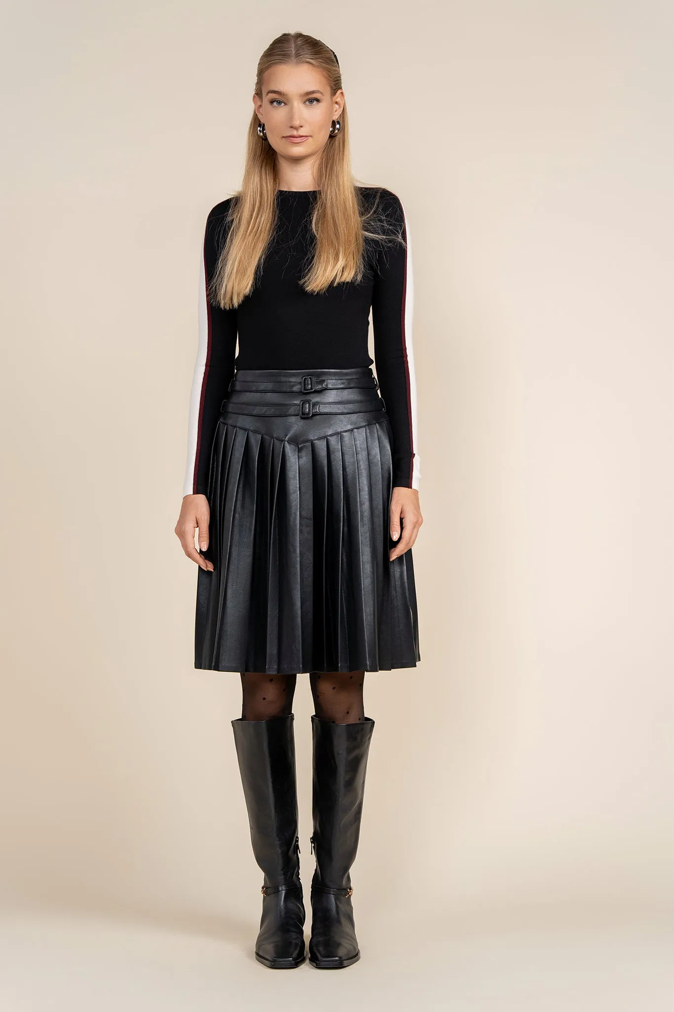 Coco Leather Pleated Skirt in Black