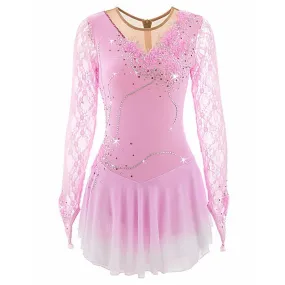 Competition Figure Skating Dress Pink Long Sleeves with Crystals BSU200214.2