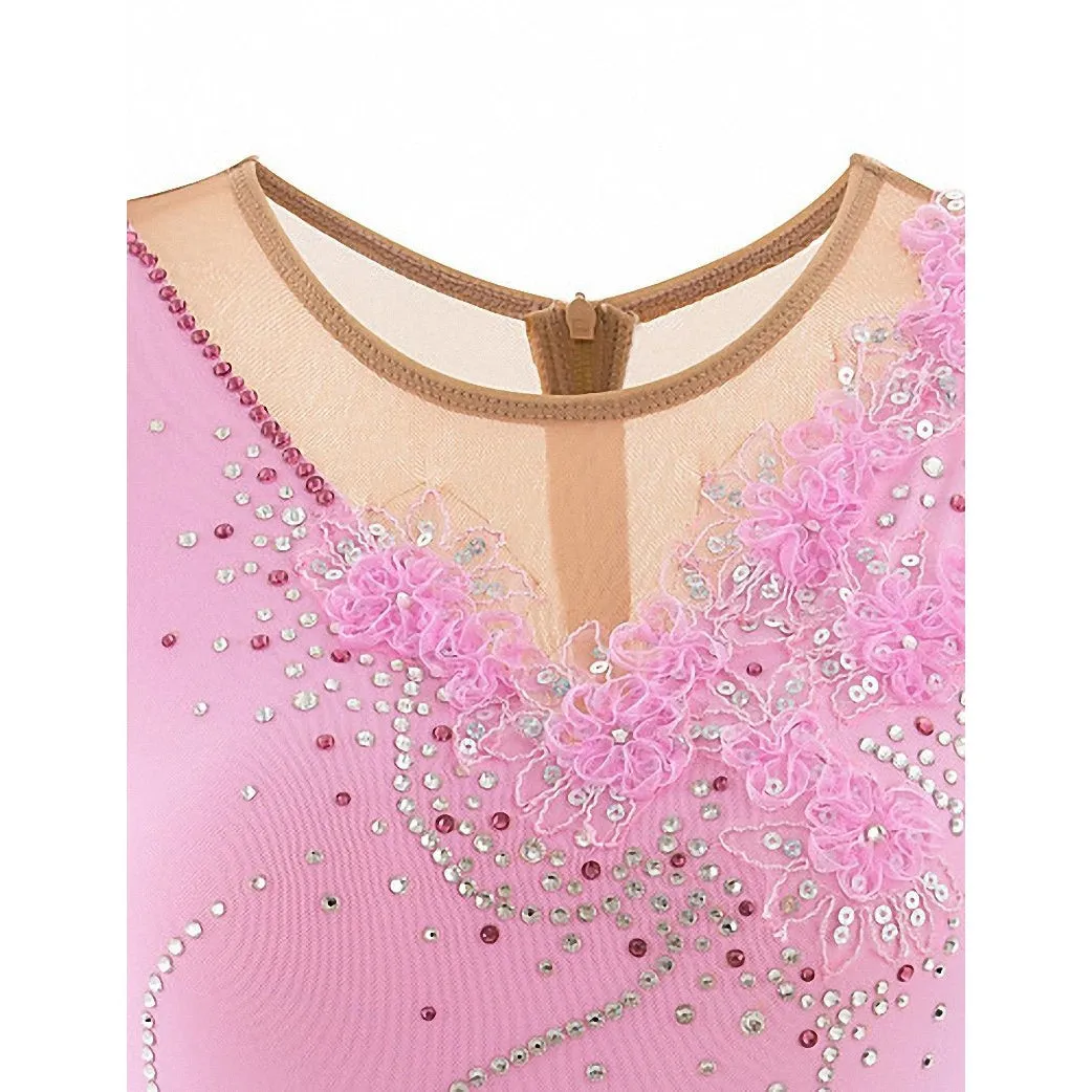 Competition Figure Skating Dress Pink Long Sleeves with Crystals BSU200214.2