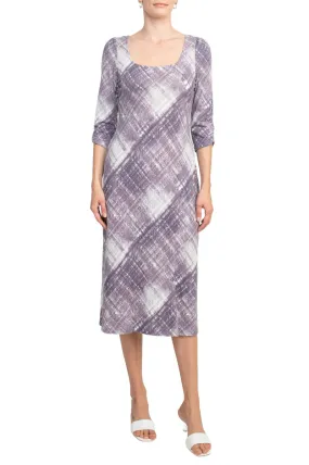 Connected Apparel Square Neck ¾ Sleeve Multi Print A-Line Knit Dress