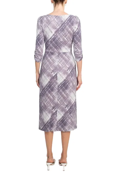 Connected Apparel Square Neck ¾ Sleeve Multi Print A-Line Knit Dress