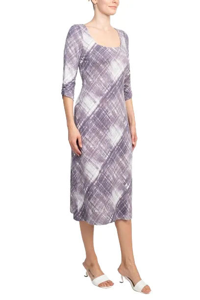 Connected Apparel Square Neck ¾ Sleeve Multi Print A-Line Knit Dress