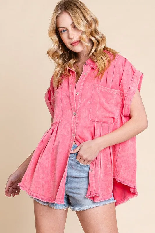 Coral Mineral Washed Pleated Button Down Top