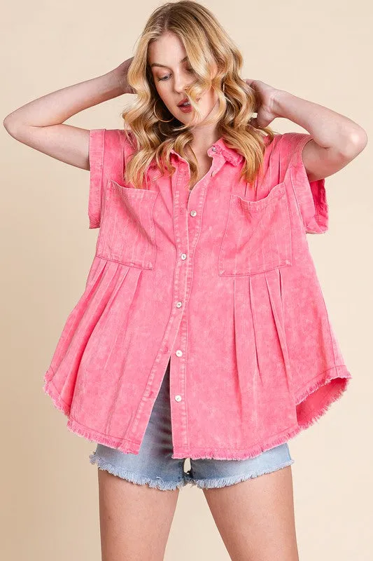 Coral Mineral Washed Pleated Button Down Top