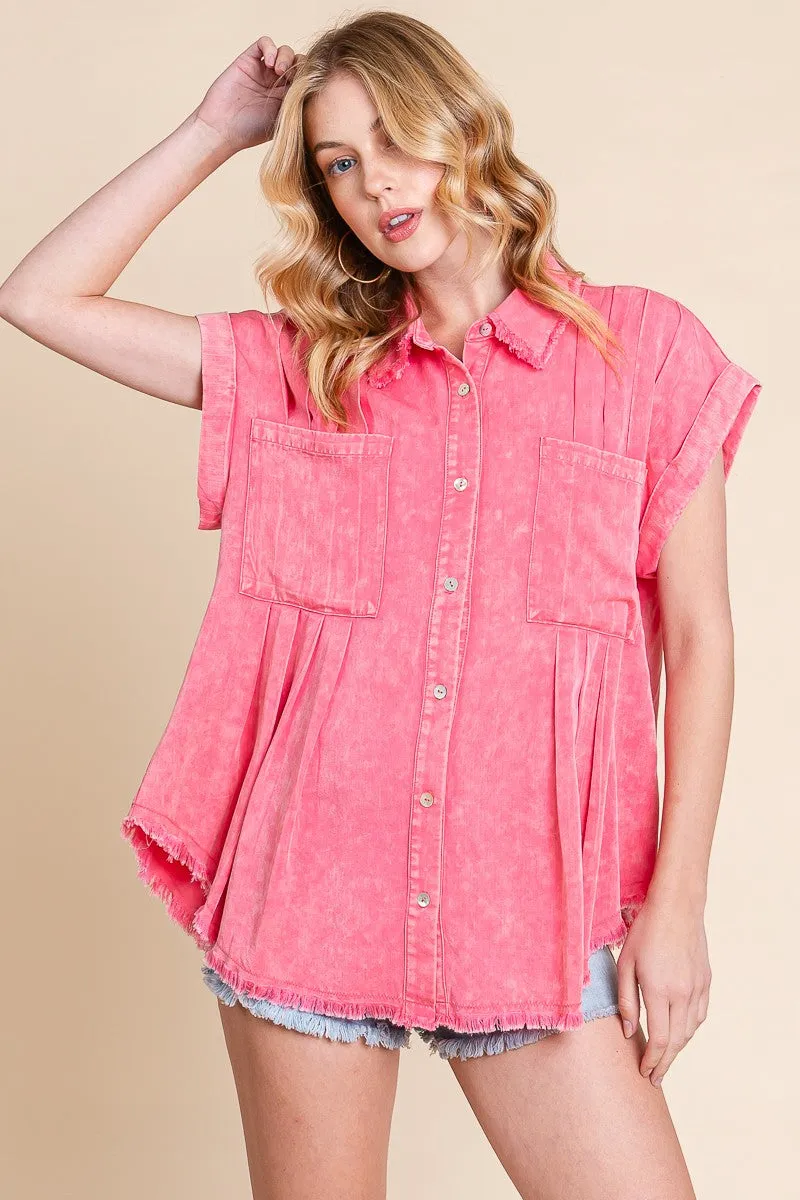 Coral Mineral Washed Pleated Button Down Top