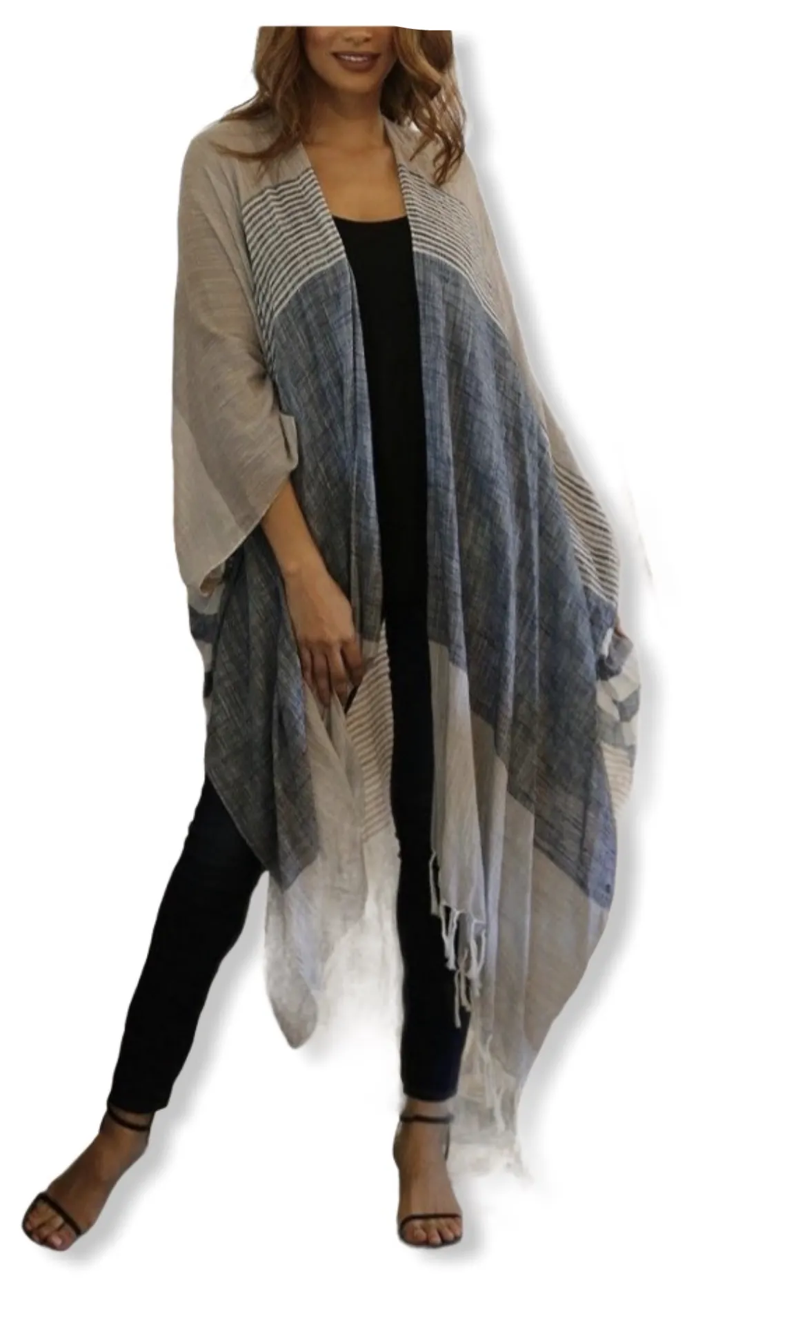 Cotton BLUE-GREY-WHT-TAN WOVEN STRIPE KIMONO