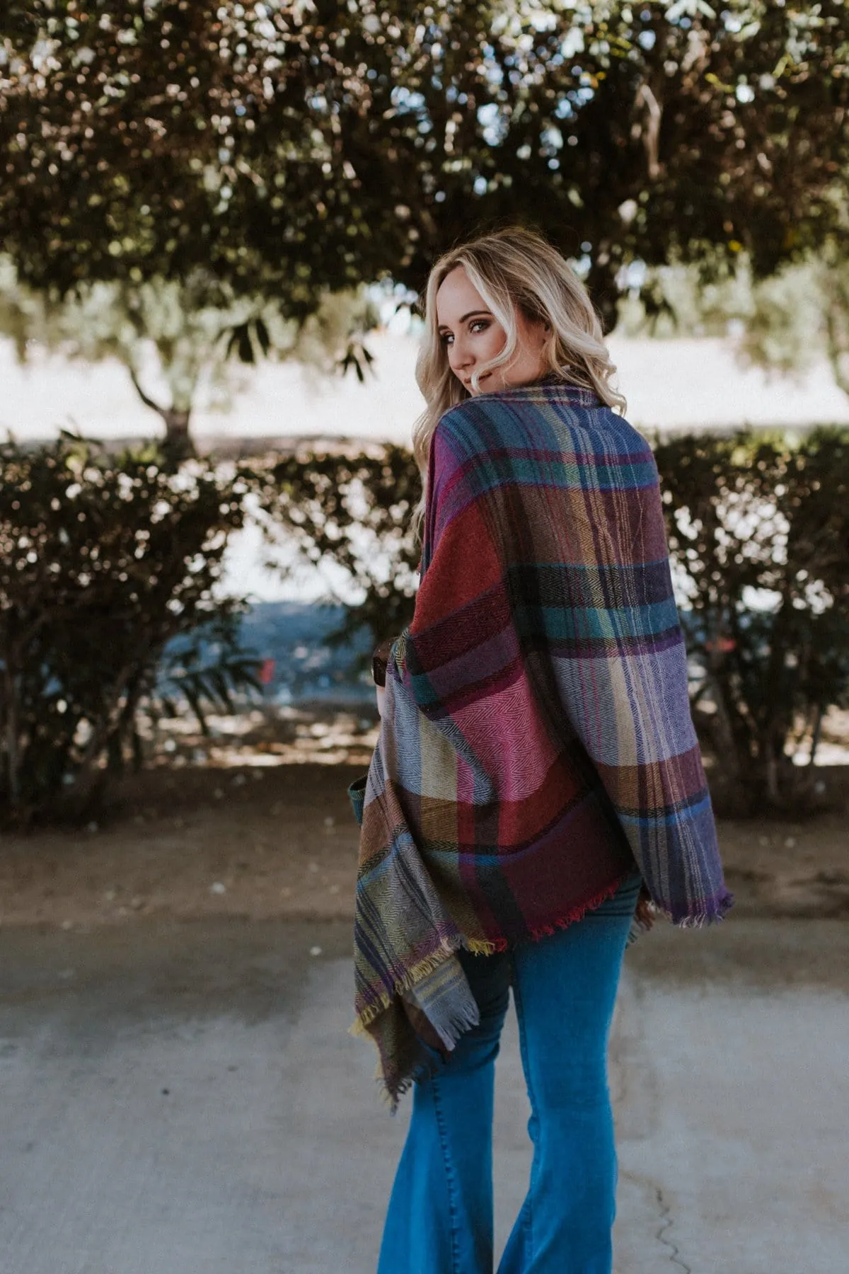 Cozy Plaid Pocket Ruana Wrap - Fuchsia