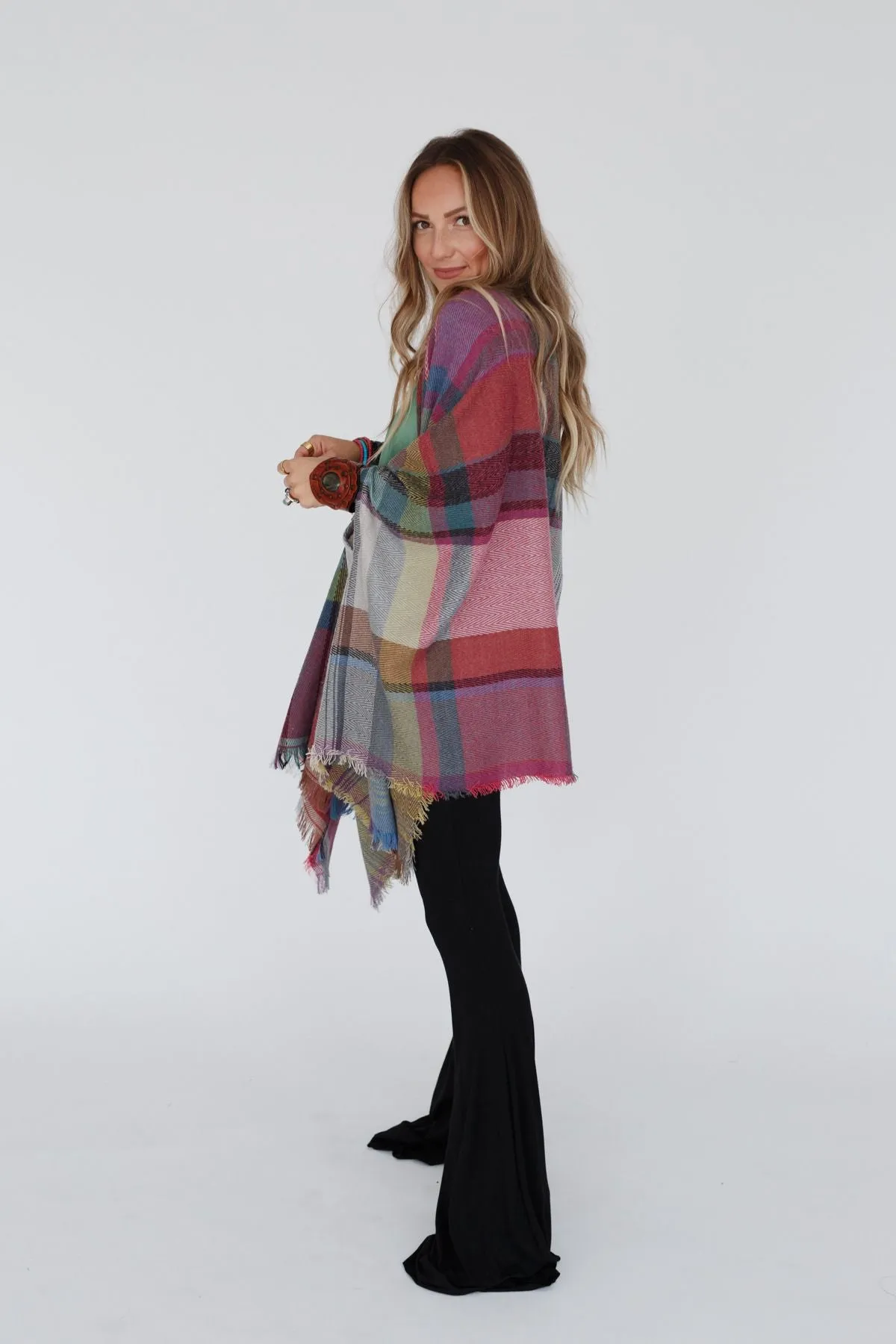 Cozy Plaid Pocket Ruana Wrap - Fuchsia