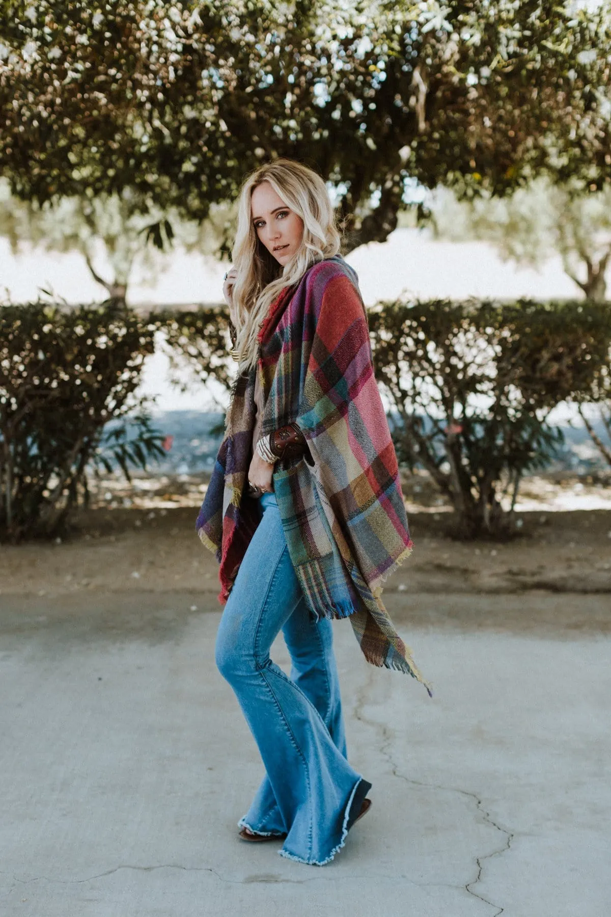 Cozy Plaid Pocket Ruana Wrap - Fuchsia