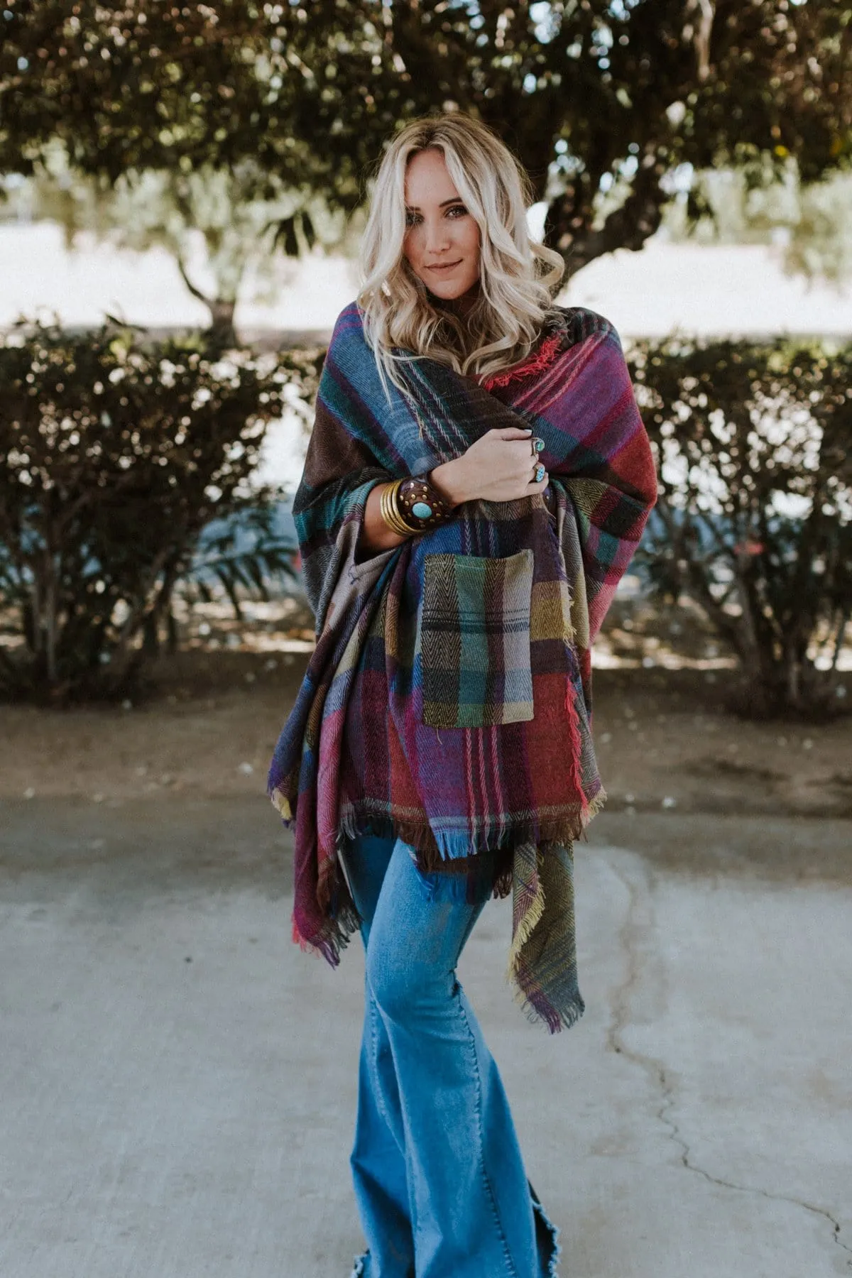 Cozy Plaid Pocket Ruana Wrap - Fuchsia