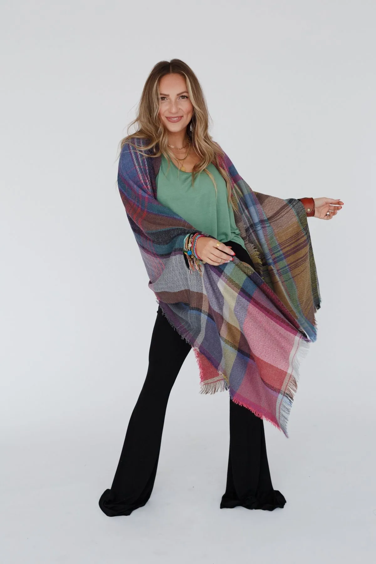 Cozy Plaid Pocket Ruana Wrap - Fuchsia