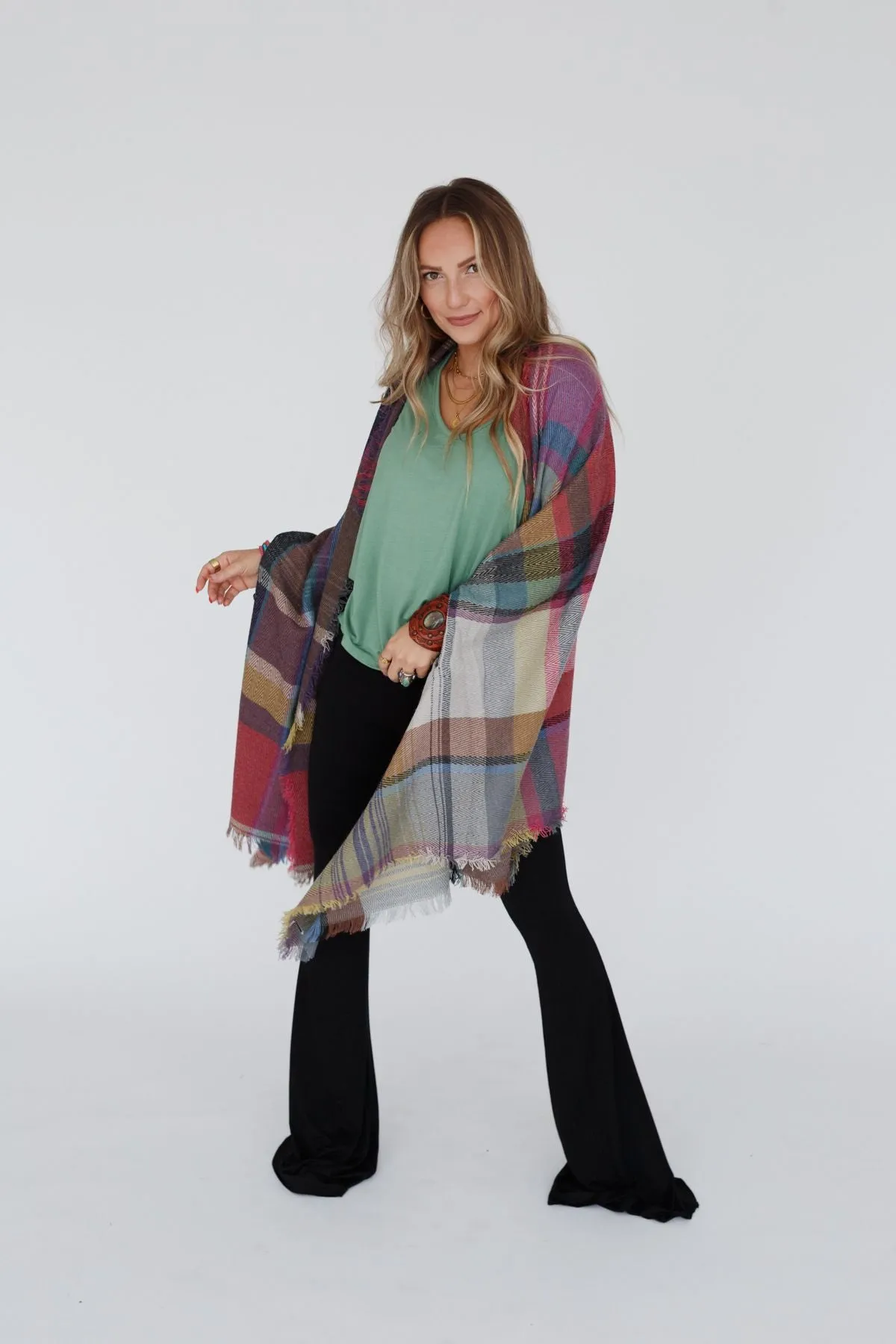 Cozy Plaid Pocket Ruana Wrap - Fuchsia