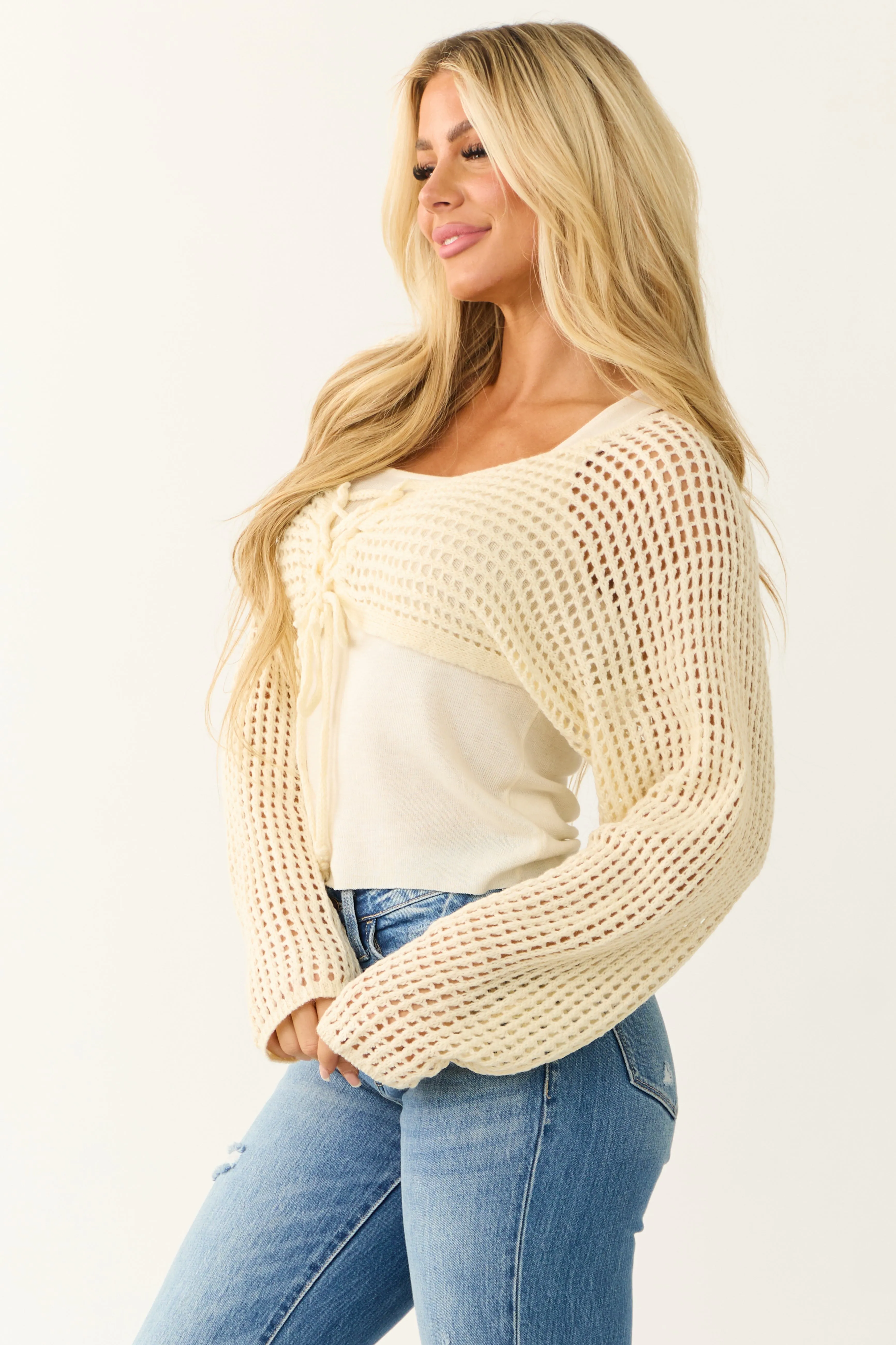 Cream Open Crochet Cropped Cardigan with Tank Top