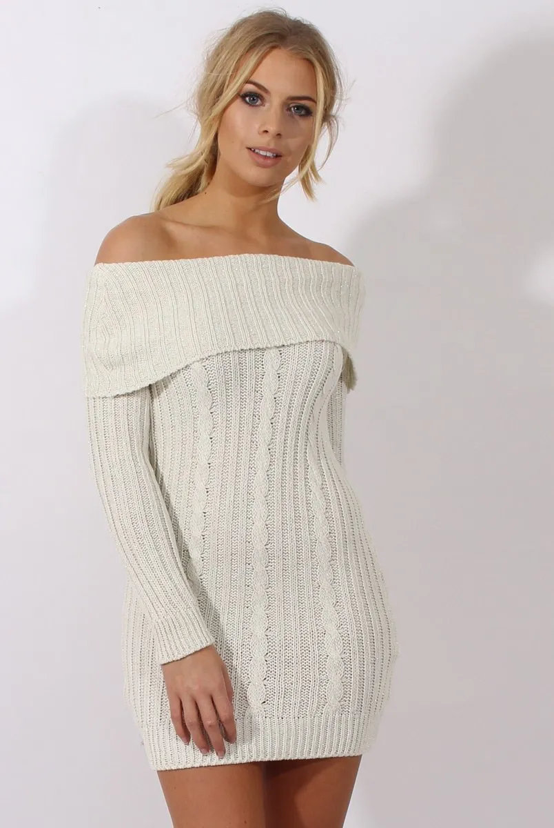 Cream Sparkle Knit Bardot Jumper Dress - Kasey