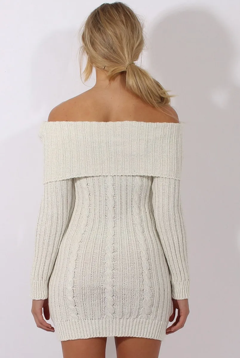 Cream Sparkle Knit Bardot Jumper Dress - Kasey