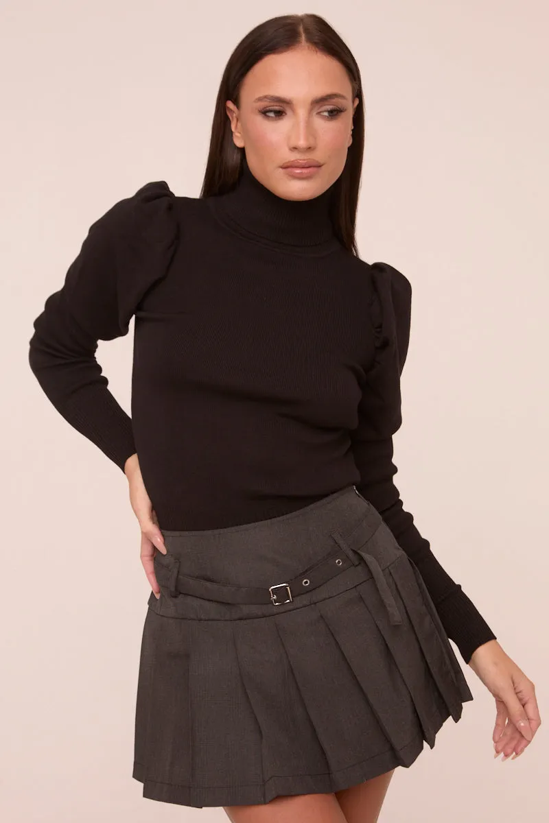 Dark Grey Pleated Belt Detail Mini Skirt - Priyana