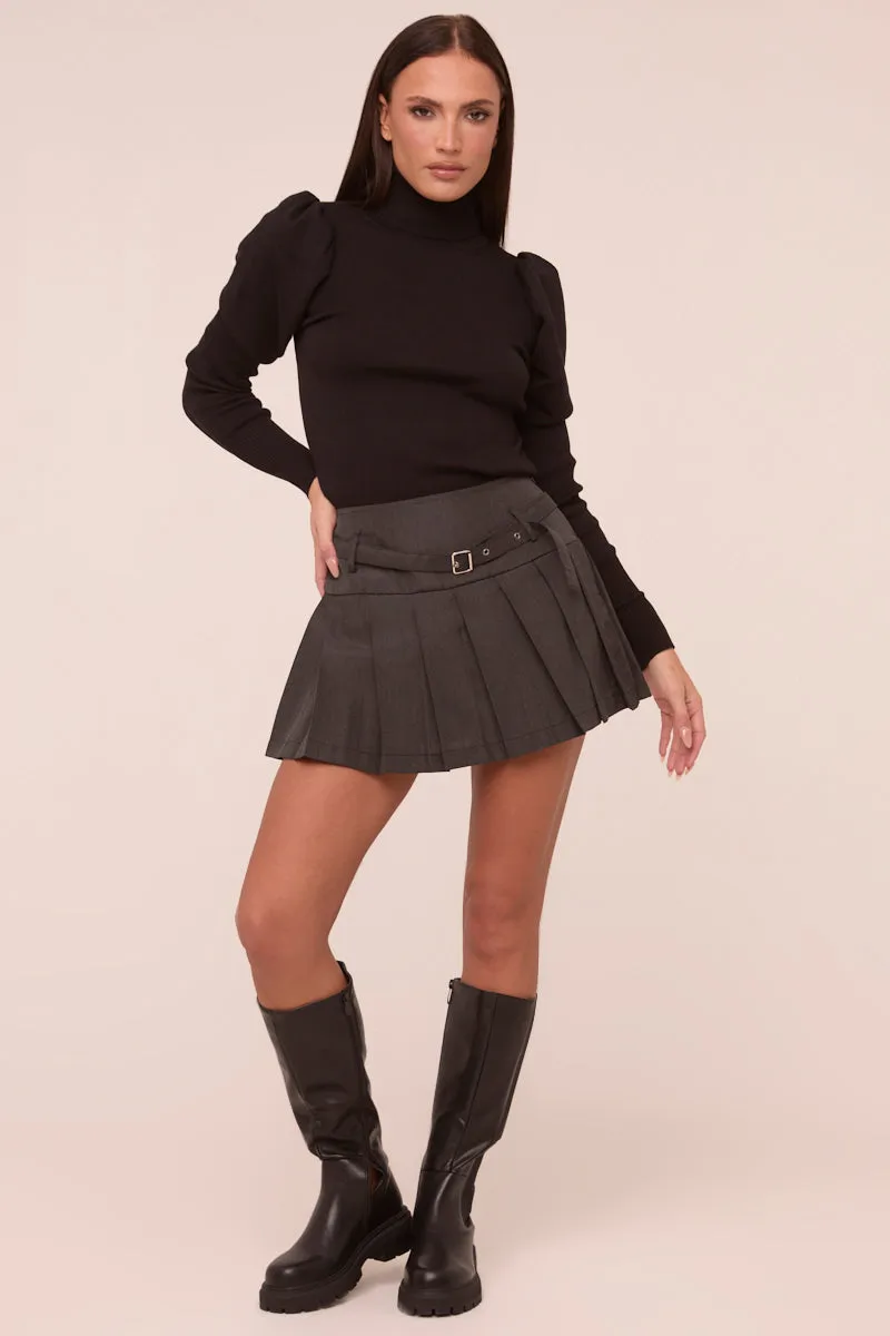 Dark Grey Pleated Belt Detail Mini Skirt - Priyana