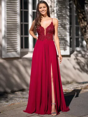 Deep V Neck Burgundy Lace Long Prom with Slit, Burgundy Lace Formal Graduation Evening