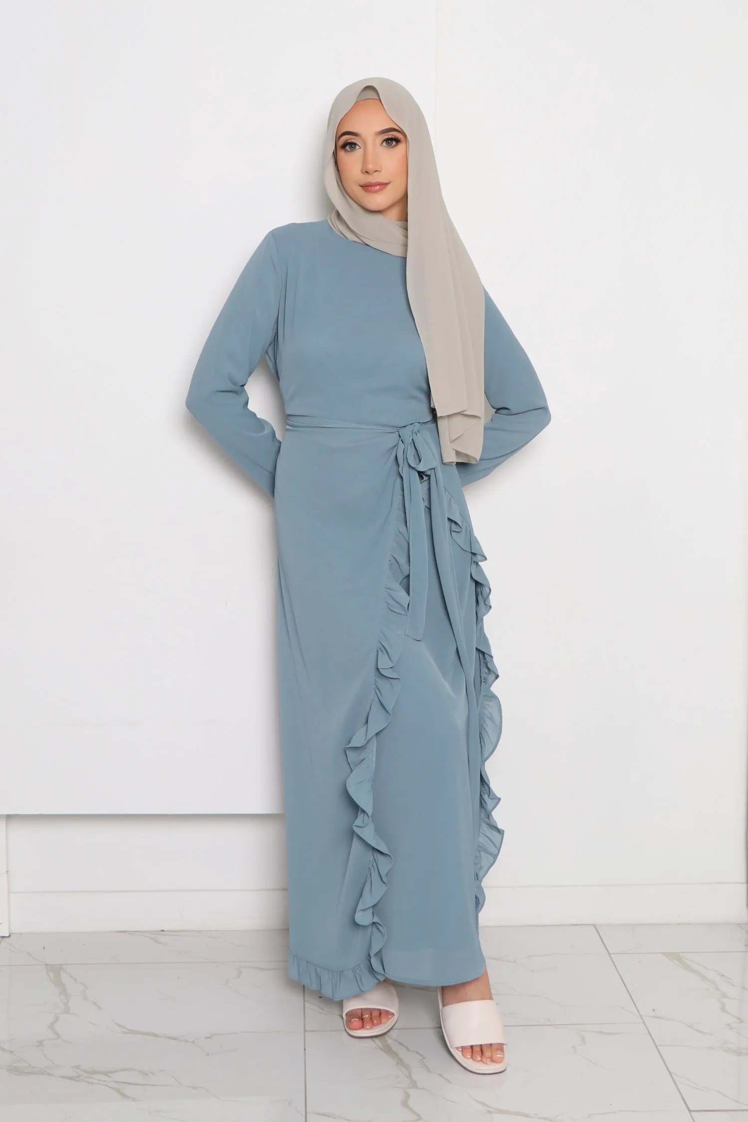 Dina Embroidery Abaya Set- Dusty Blue