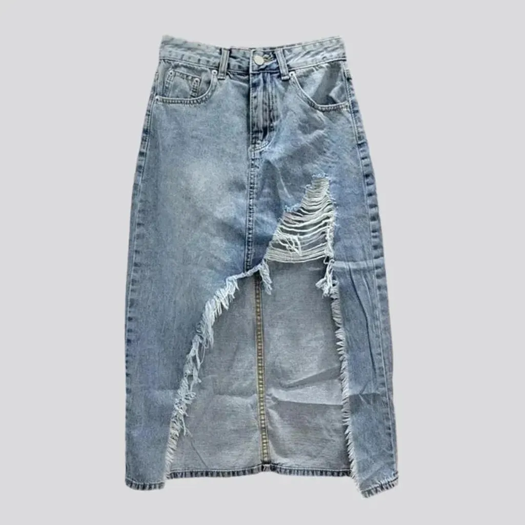 Distressed long denim skirt