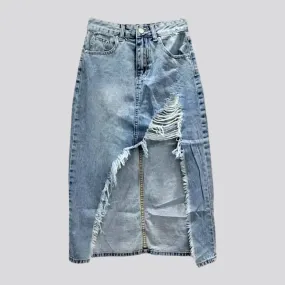 Distressed long denim skirt