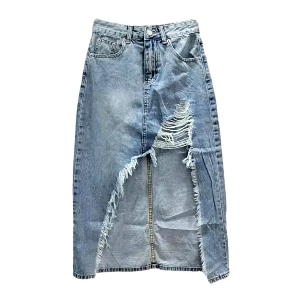 Distressed long denim skirt