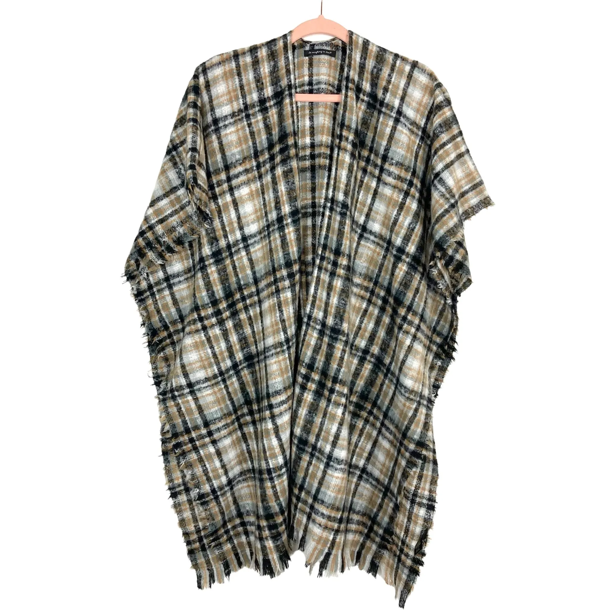 Do Everything In Love Black/Gray/Camel Plaid Poncho Cardigan- One Size