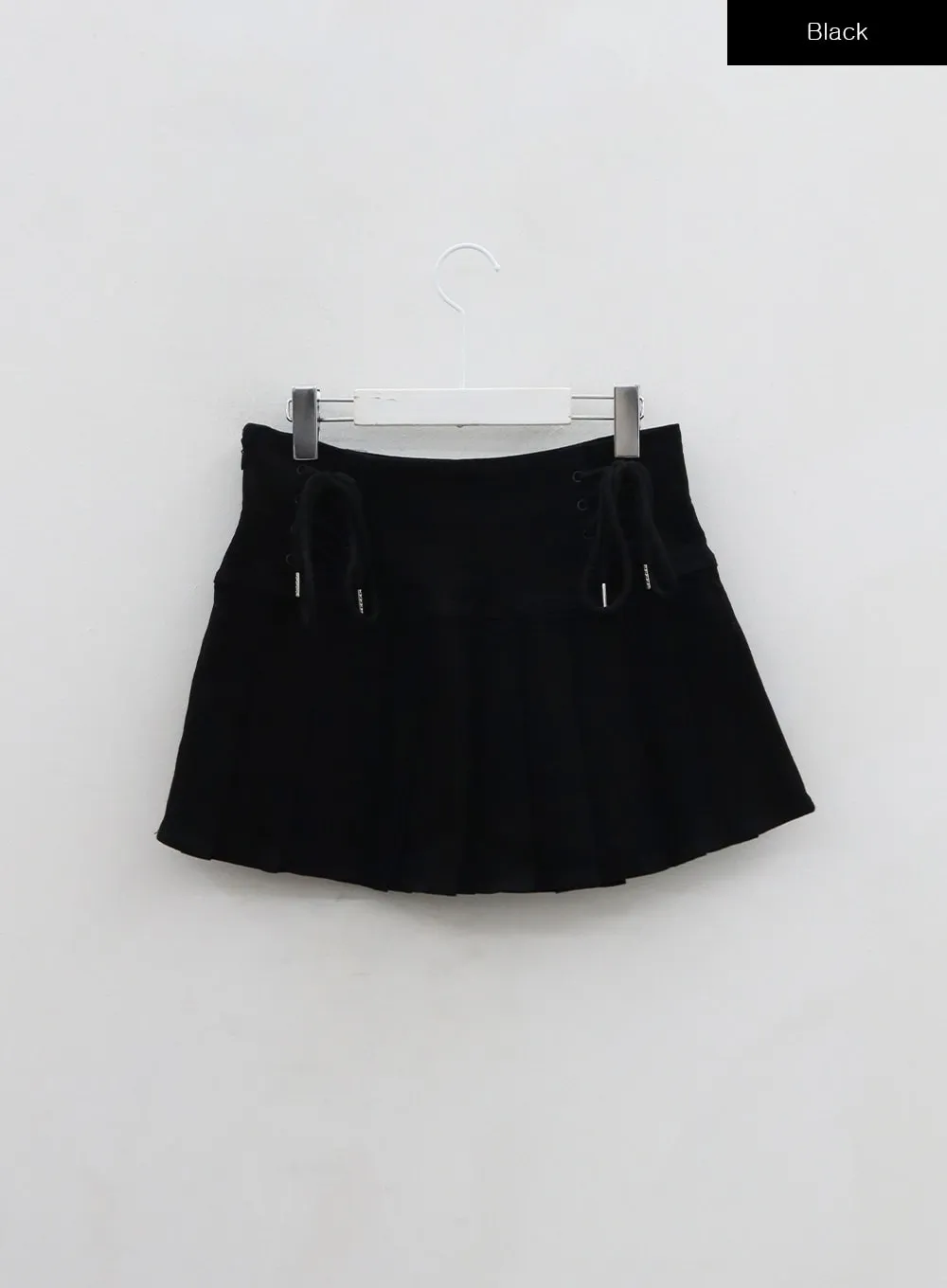 Double Ribbon Half Pleated Denim Mini Skirt BO26