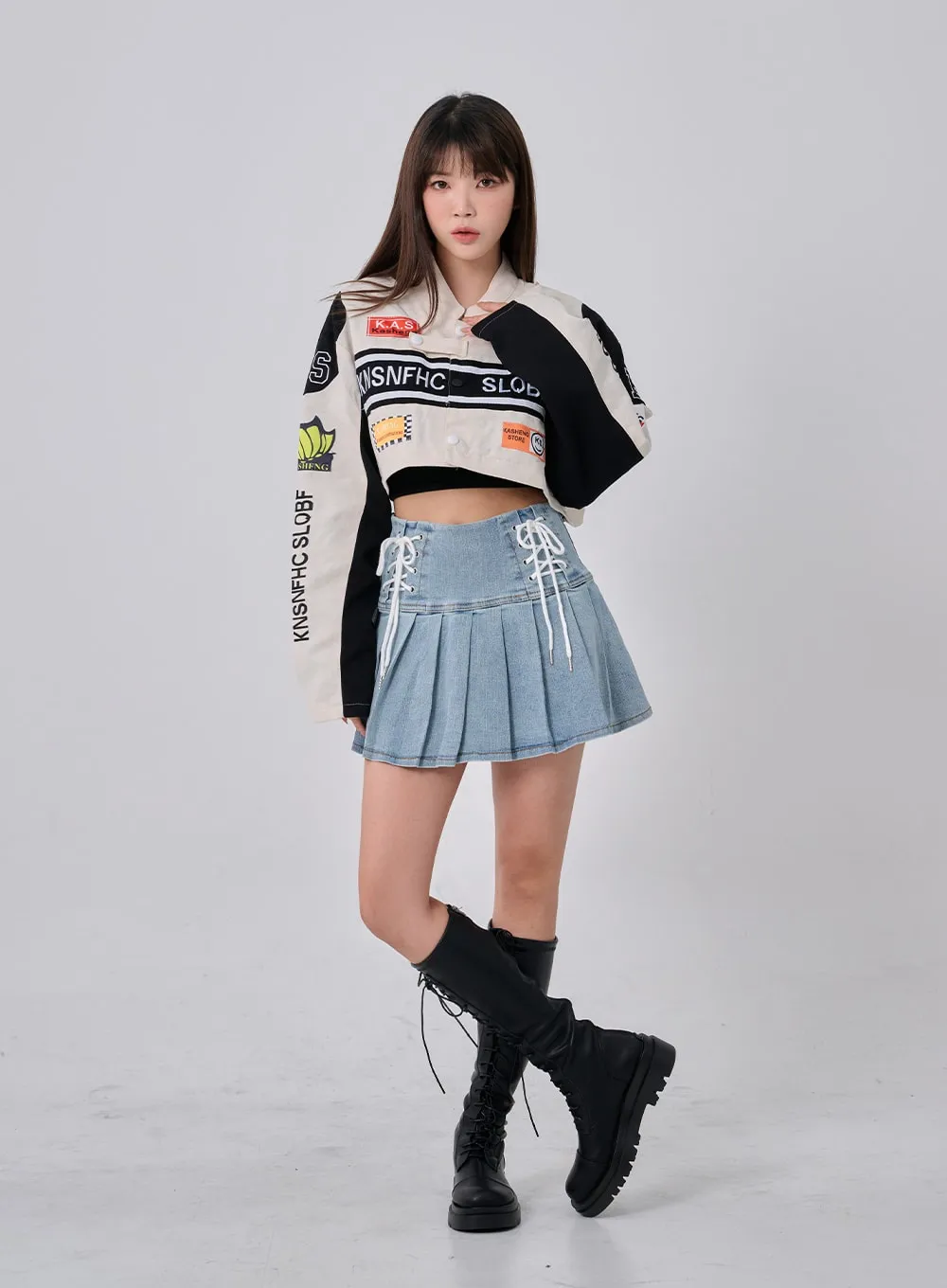 Double Ribbon Half Pleated Denim Mini Skirt BO26