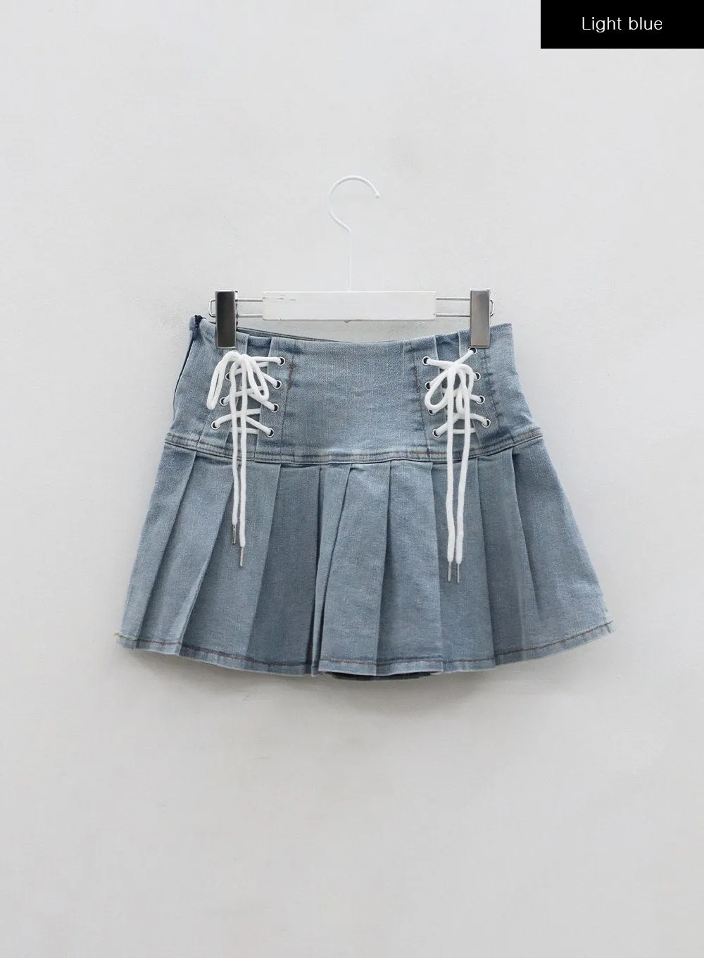 Double Ribbon Half Pleated Denim Mini Skirt BO26