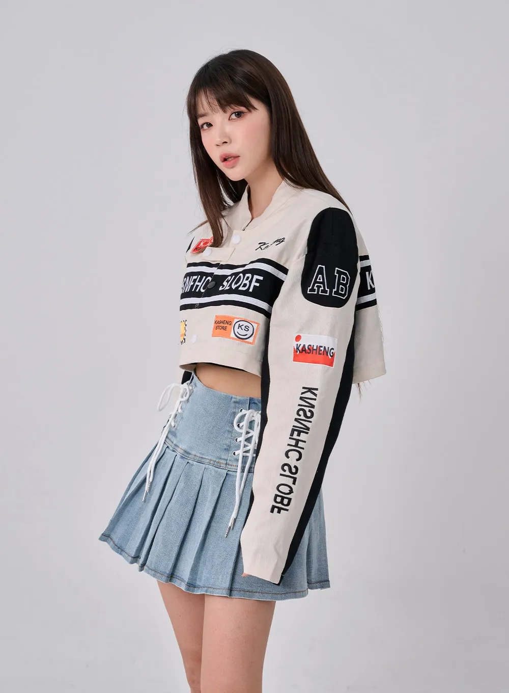 Double Ribbon Half Pleated Denim Mini Skirt BO26