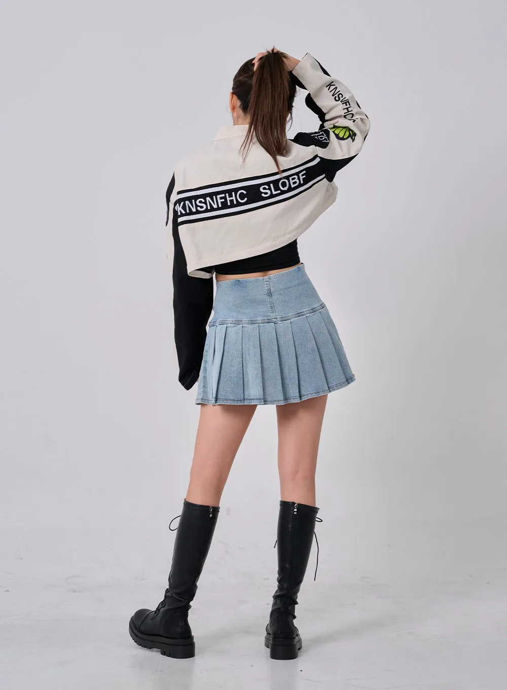 Double Ribbon Half Pleated Denim Mini Skirt BO26