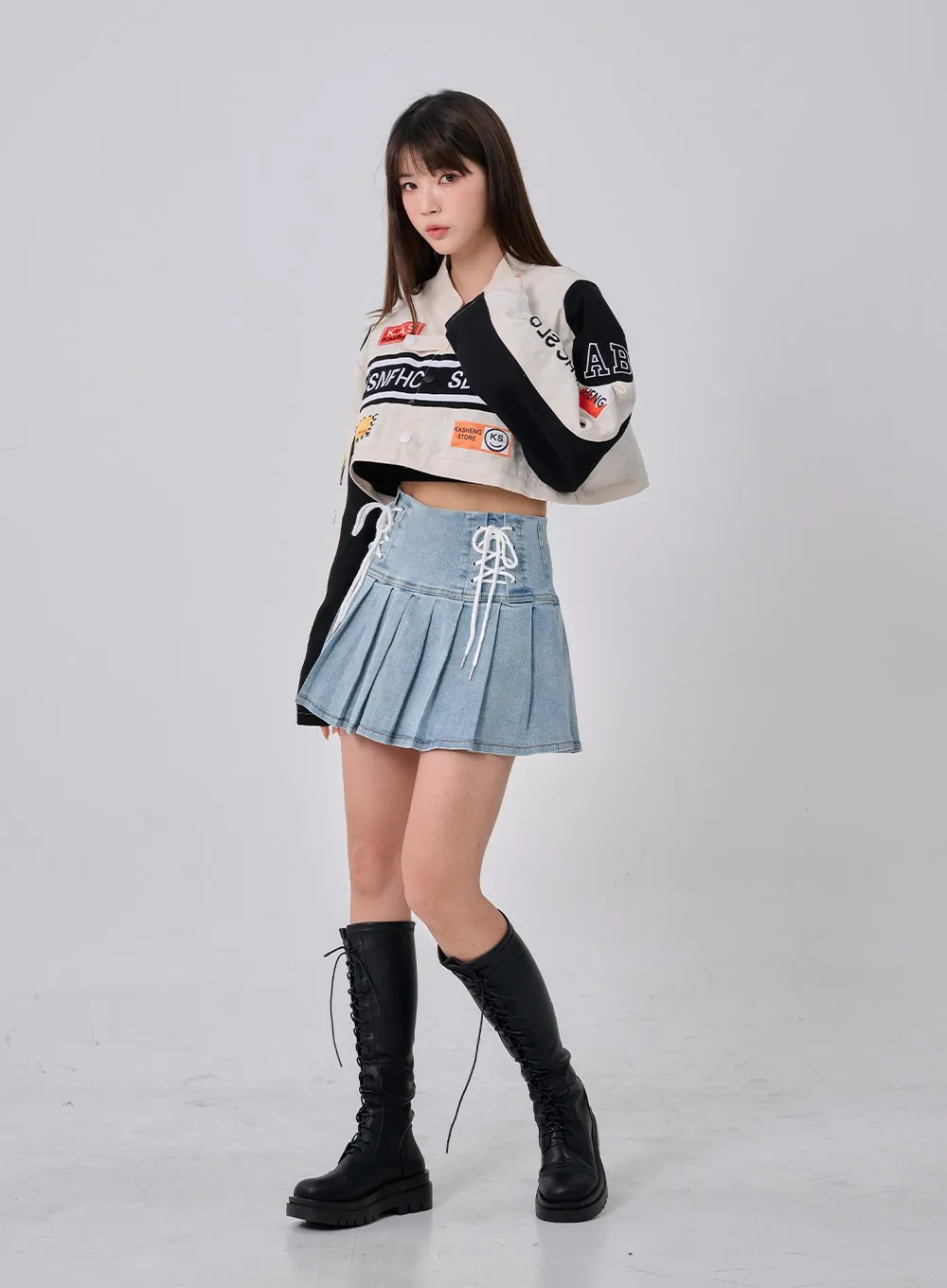 Double Ribbon Half Pleated Denim Mini Skirt BO26