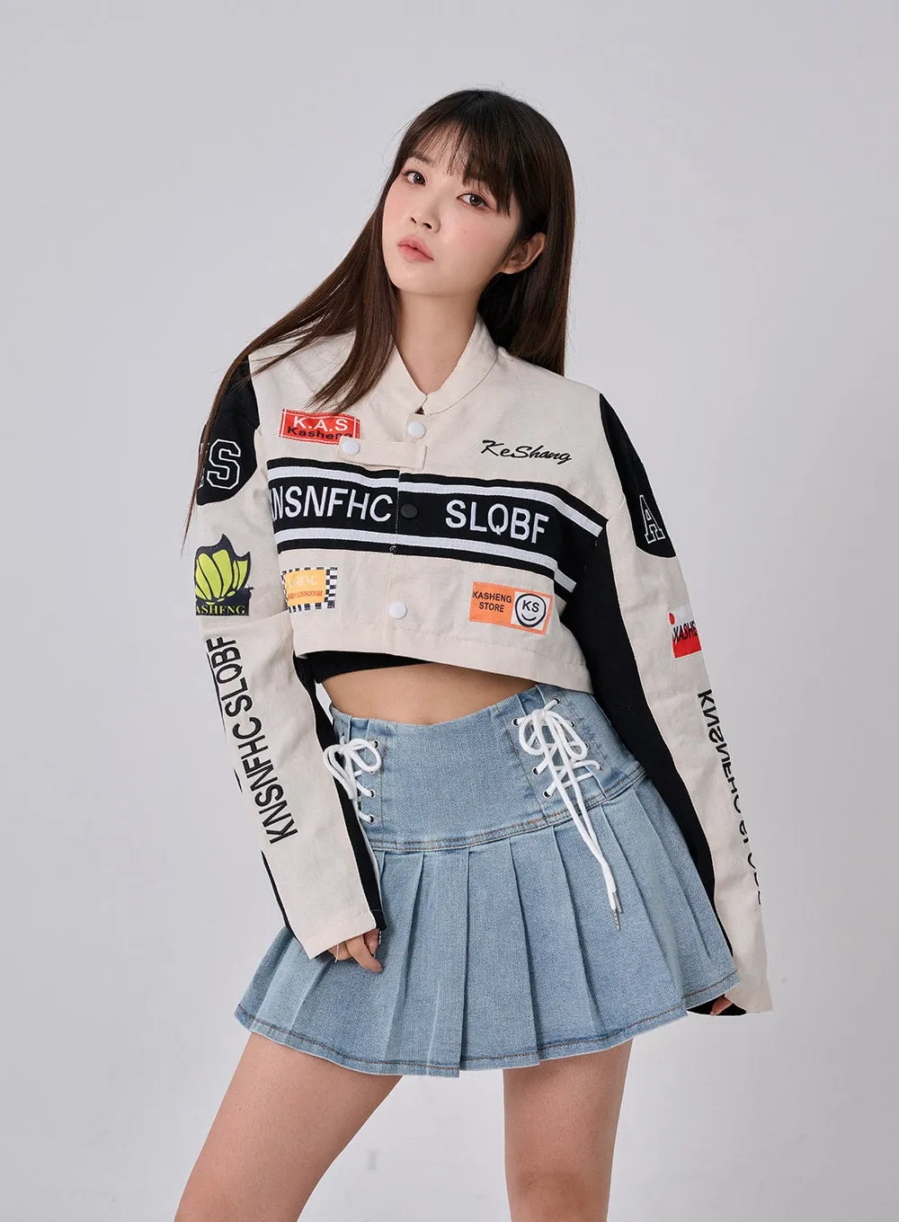 Double Ribbon Half Pleated Denim Mini Skirt BO26