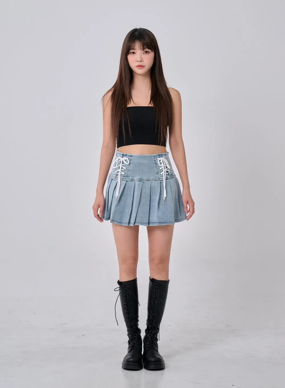 Double Ribbon Half Pleated Denim Mini Skirt BO26