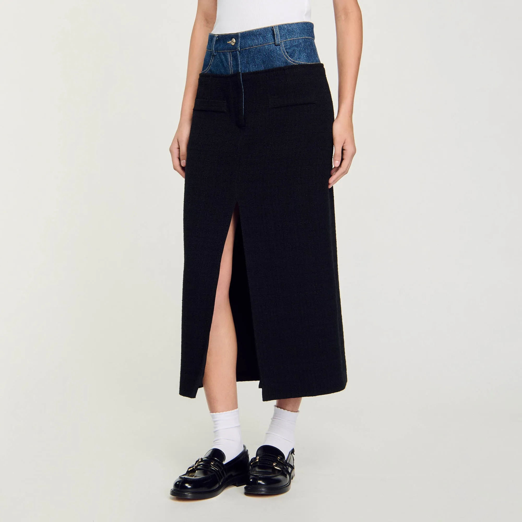 Dual-Material Denim Pleated Skirt