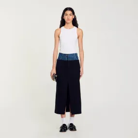 Dual-Material Denim Pleated Skirt