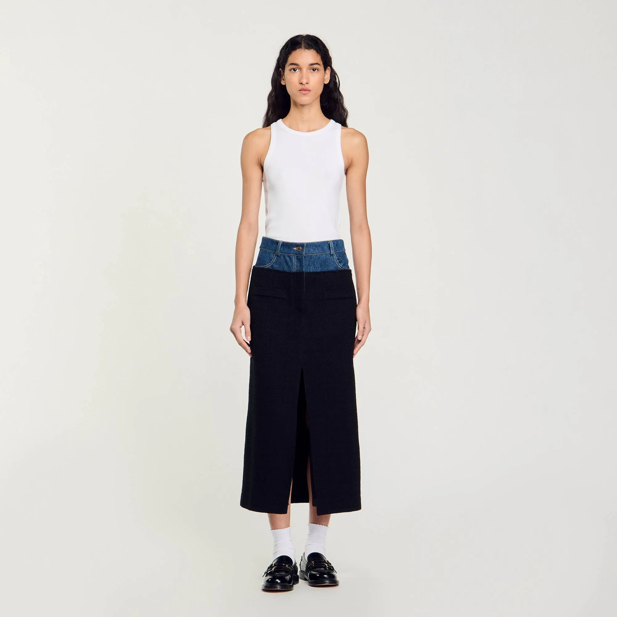 Dual-Material Denim Pleated Skirt