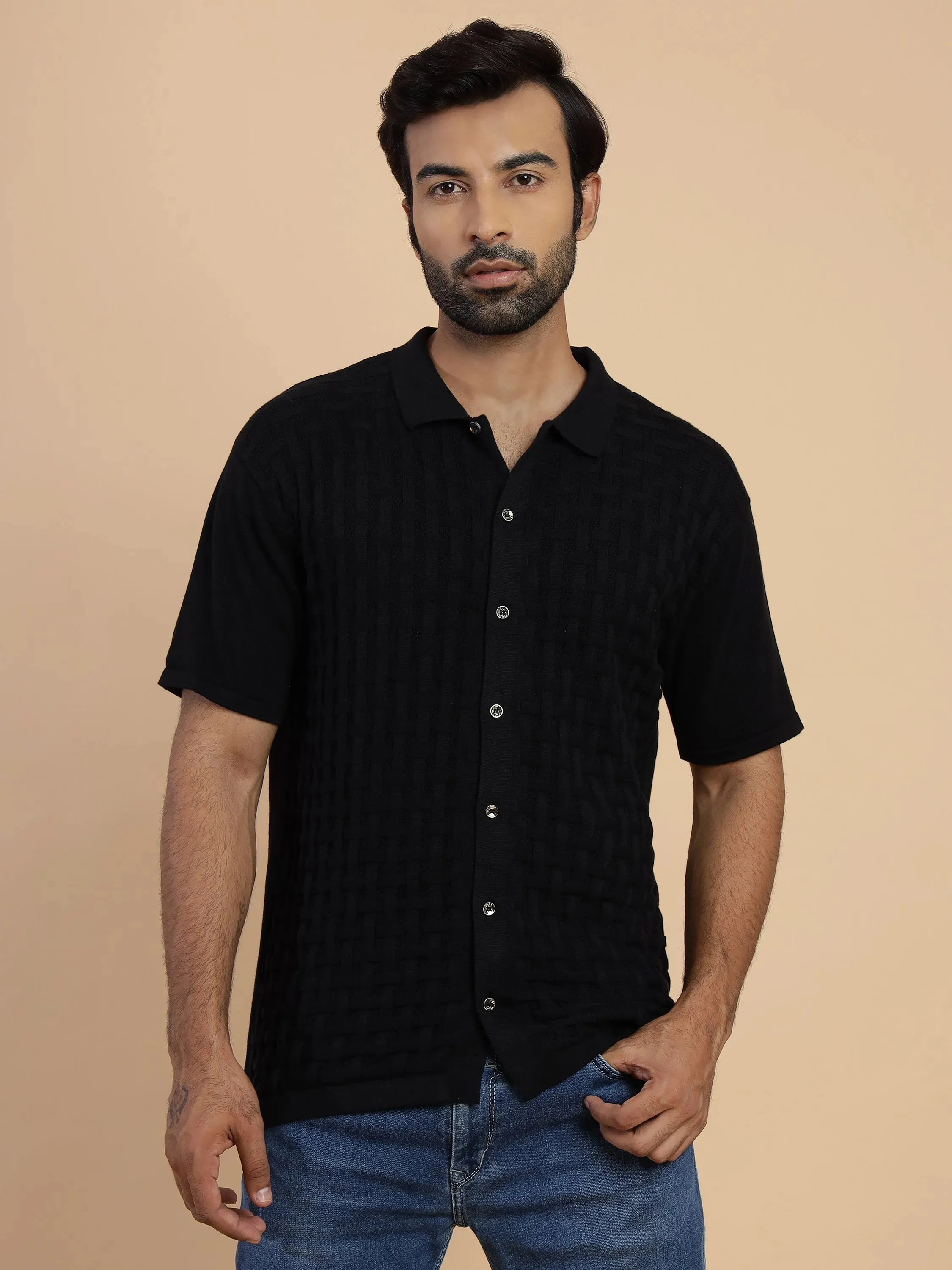 Elegant Black Knit Half Sleeve Men's Shirt