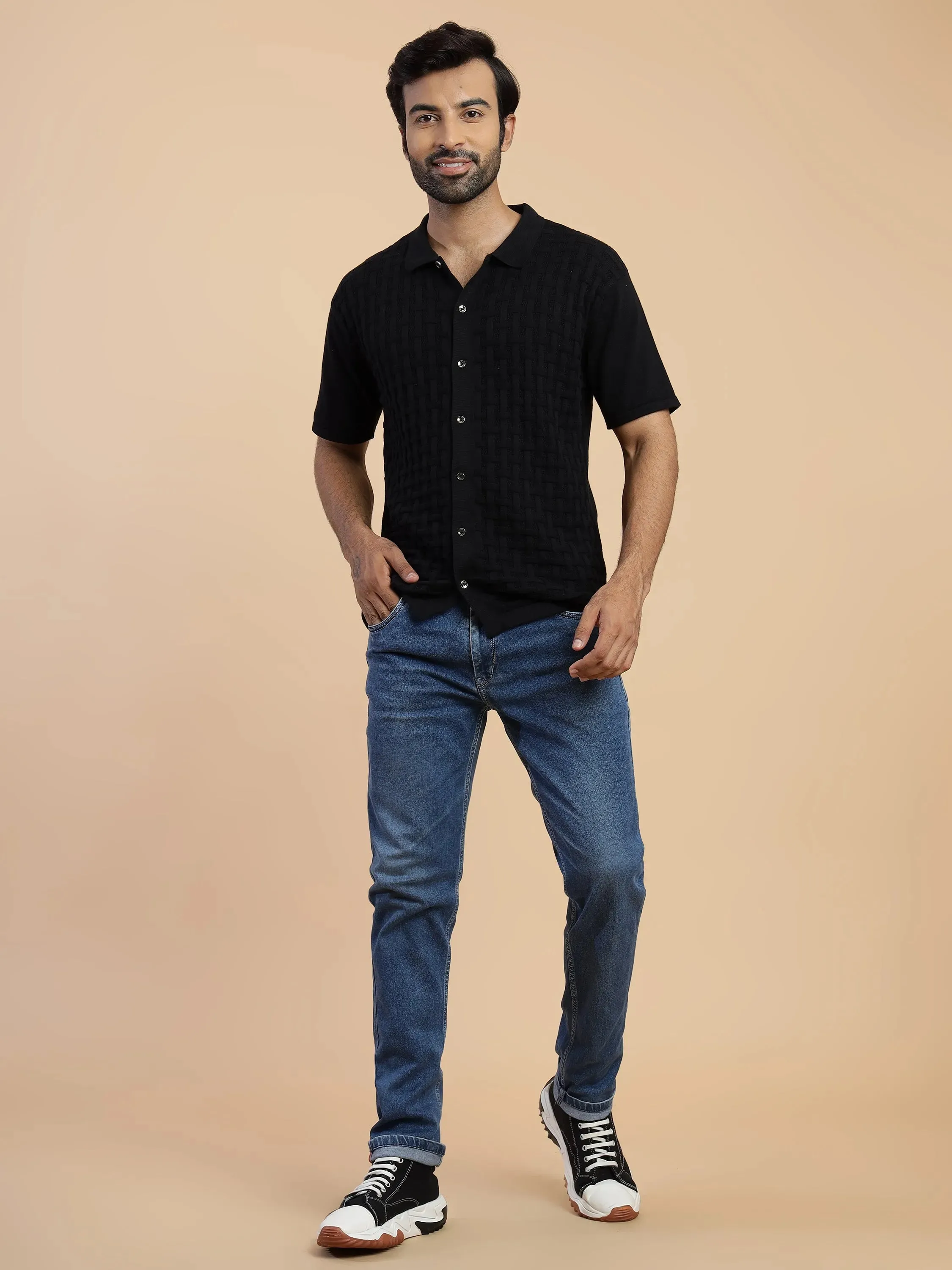 Elegant Black Knit Half Sleeve Men's Shirt